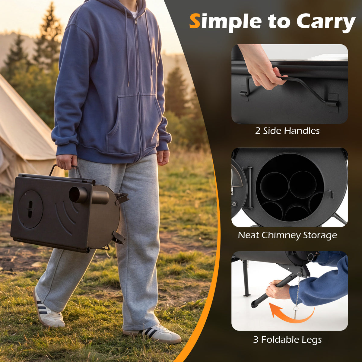 Hot Tent Stove with Chimney Pipes and Foldable Legs for Outdoor