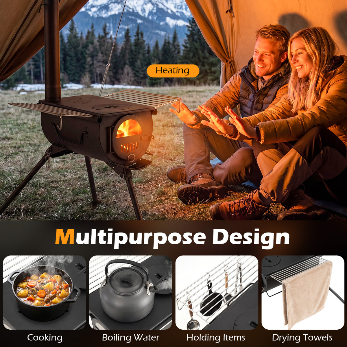Hot Tent Stove with Chimney Pipes and Foldable Legs for Outdoor