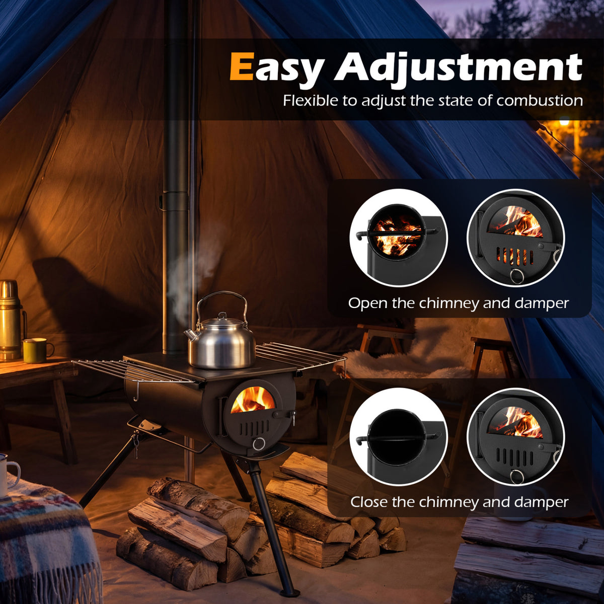Hot Tent Stove with Chimney Pipes and Foldable Legs for Outdoor