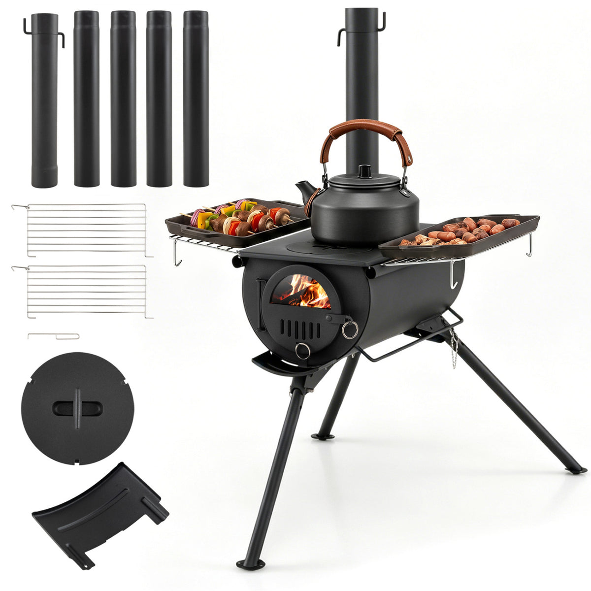 Hot Tent Stove with Chimney Pipes and Foldable Legs for Outdoor