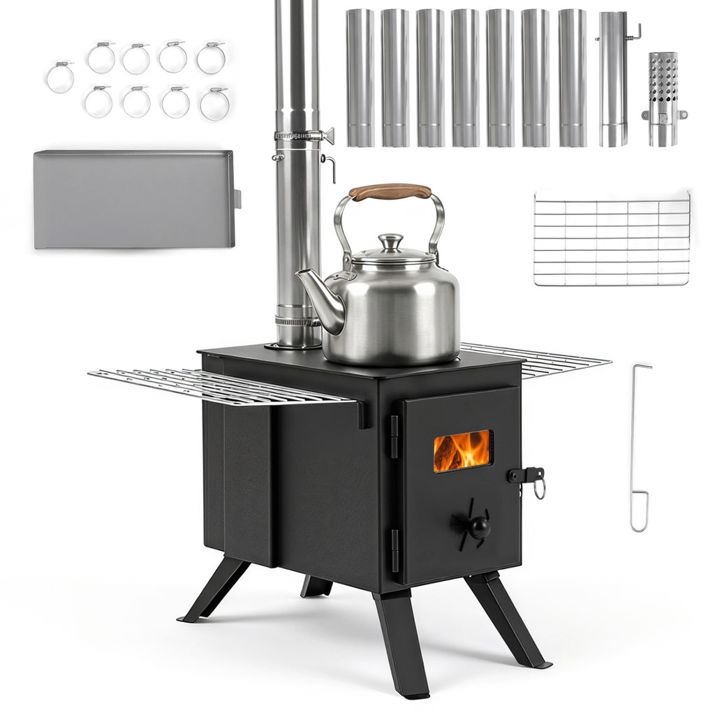 Hot Tent Stove with Ash Tray 8.4 ft Wood Burning 8 Chimney Pipes and