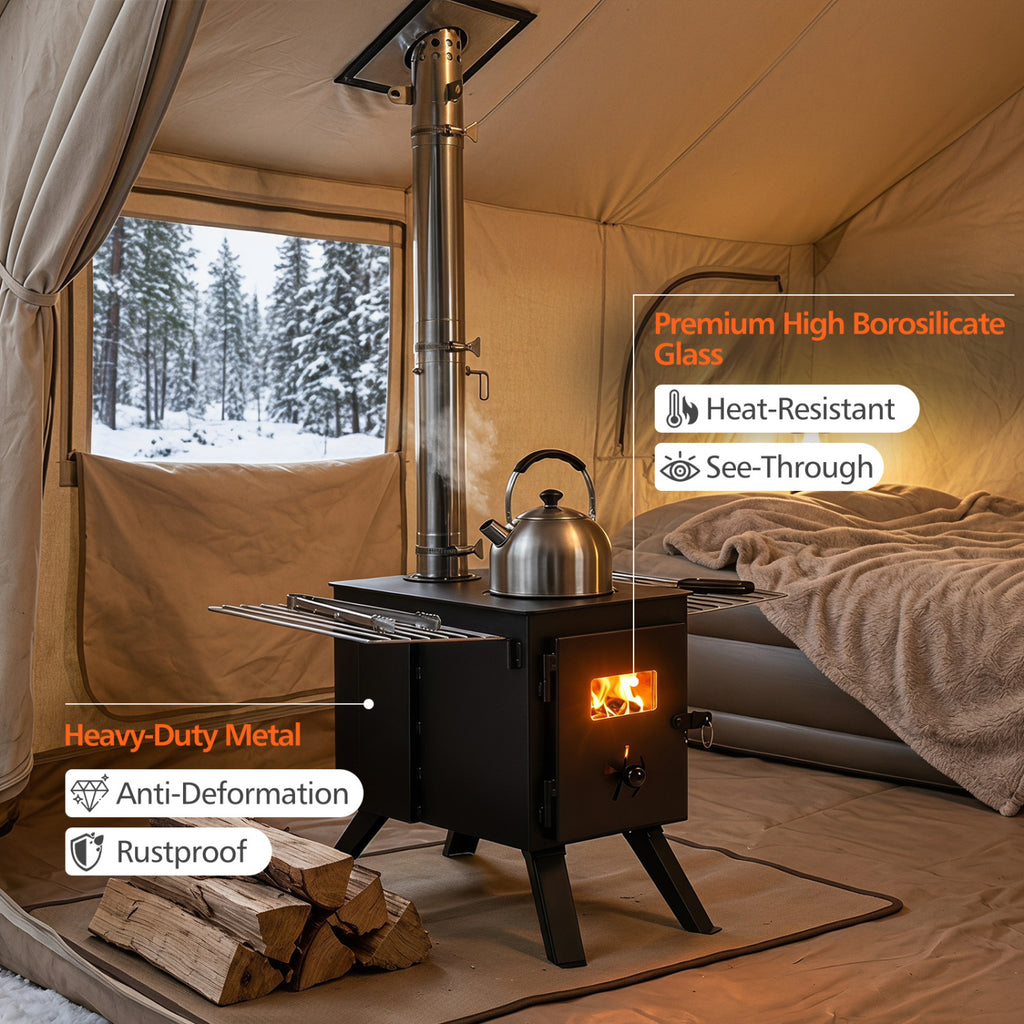Hot Tent Stove with Ash Tray 8.4 ft Wood Burning 8 Chimney Pipes and