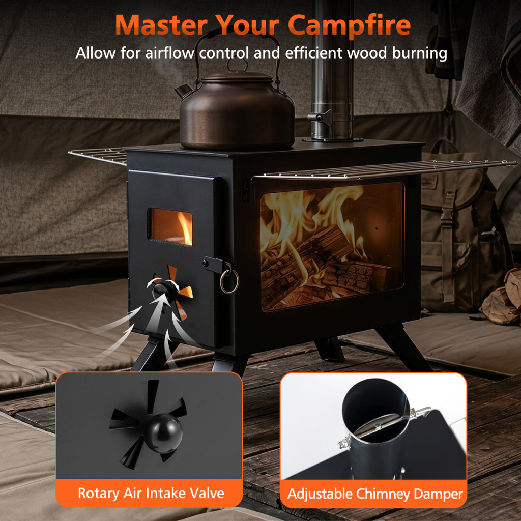 Hot Tent Stove with Ash Tray 8.4 ft Wood Burning 8 Chimney Pipes and