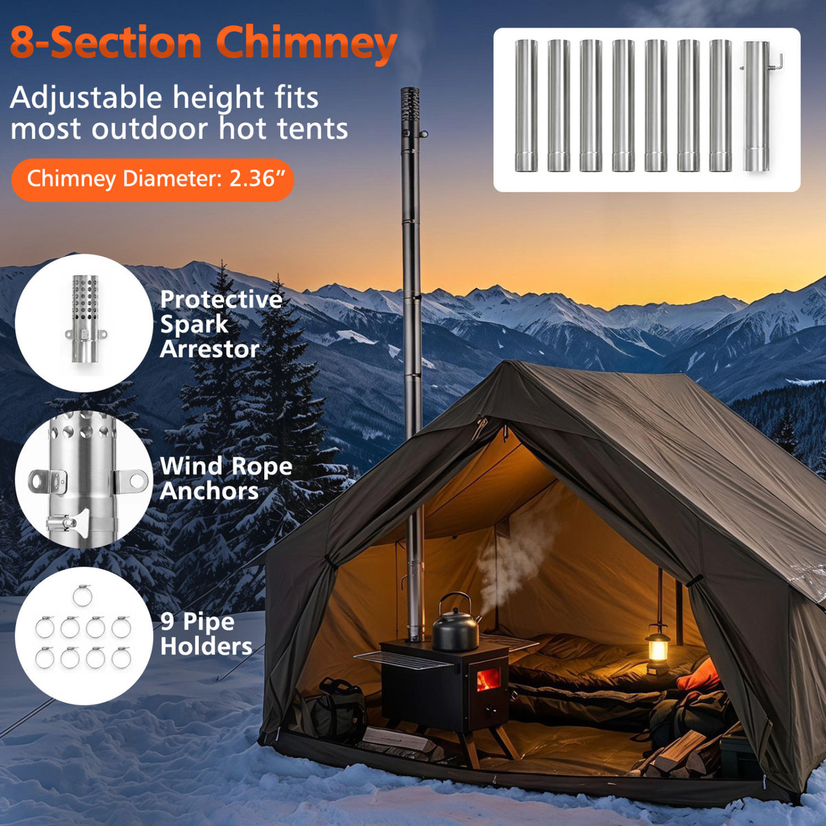 Hot Tent Stove with Ash Tray 8.4 ft Wood Burning 8 Chimney Pipes and