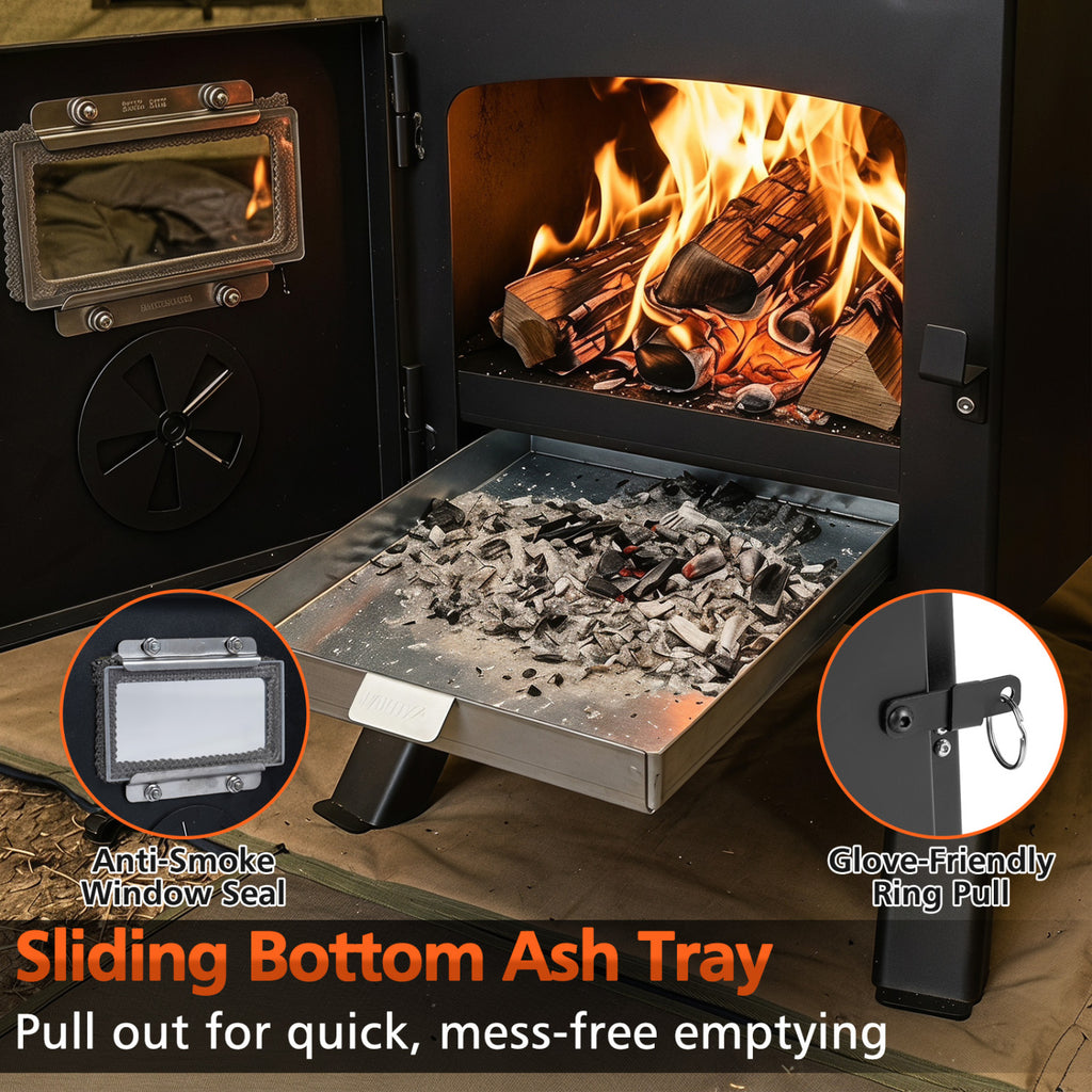 Hot Tent Stove with Ash Tray 8.4 ft Wood Burning 8 Chimney Pipes and