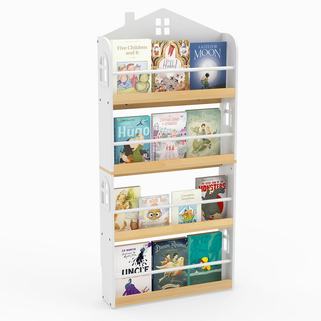 Kids House-Shaped Bookshelf with Anti-Falling Baffles - White Childrens Book Organizer