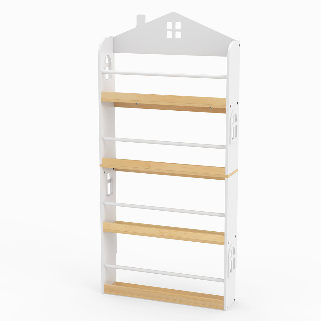 Kids House-Shaped Bookshelf with Anti-Falling Baffles - White Childrens Book Organizer