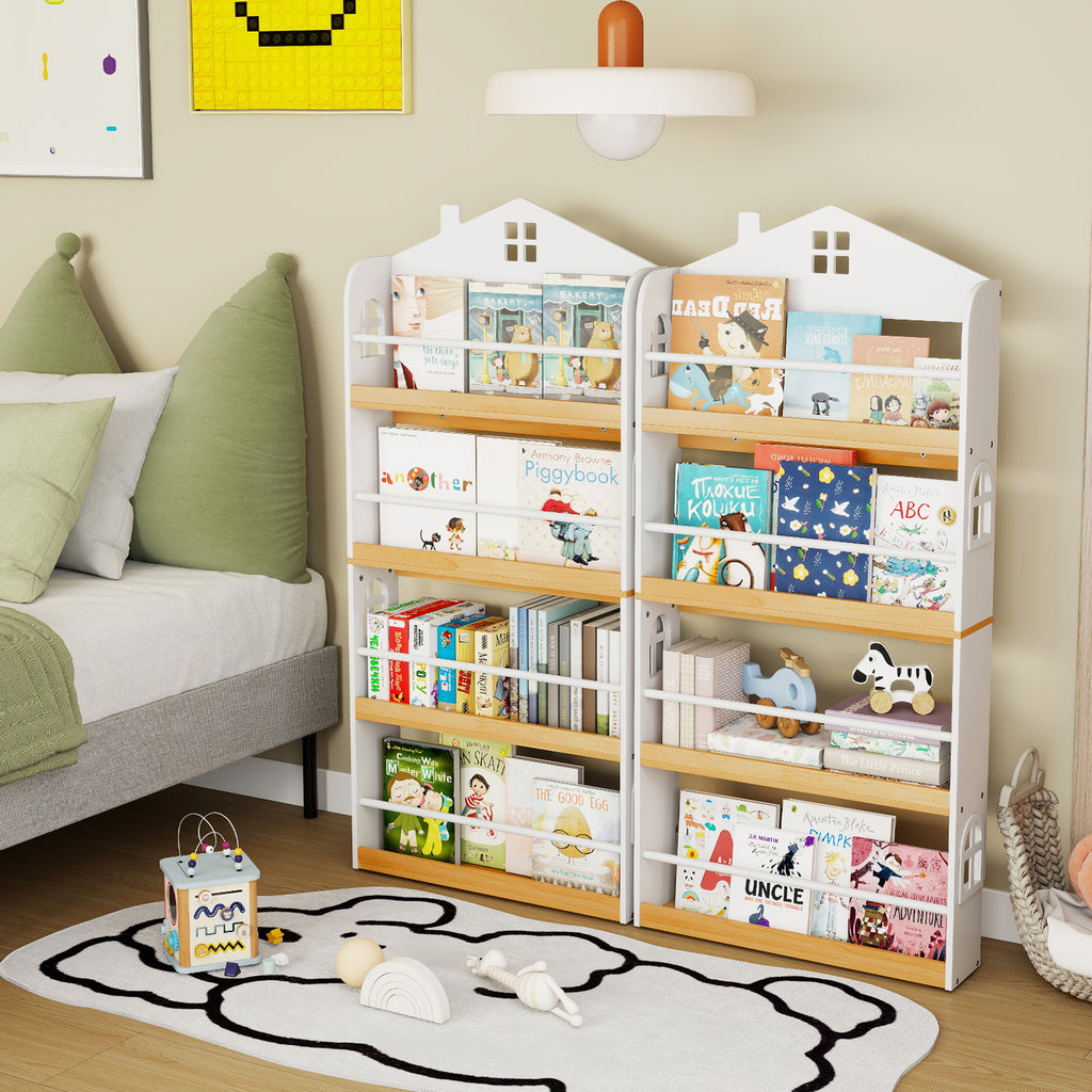 Kids House-Shaped Bookshelf with Anti-Falling Baffles - White Childrens Book Organizer