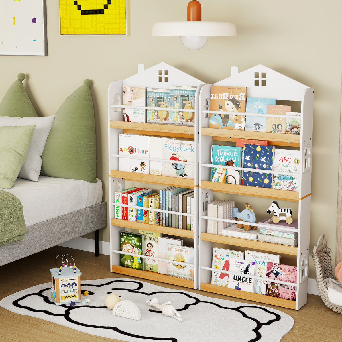 Kids House-Shaped Bookshelf with Anti-Falling Baffles - White Childrens Book Organizer