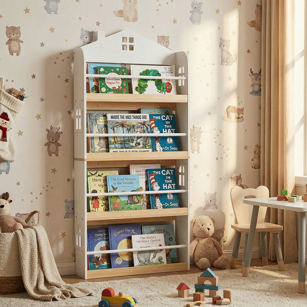 Kids House-Shaped Bookshelf with Anti-Falling Baffles - White Childrens Book Organizer