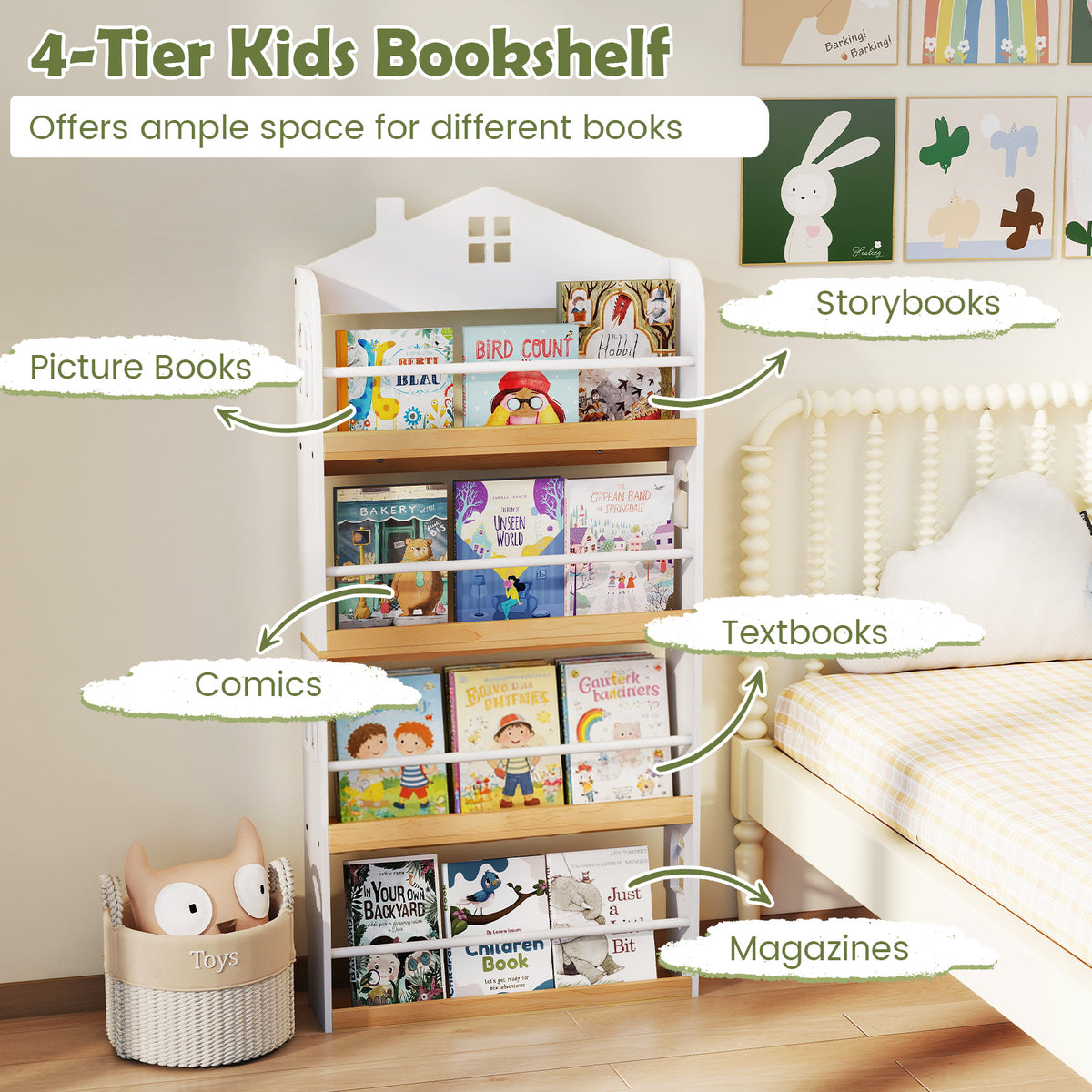 Kids House-Shaped Bookshelf with Anti-Falling Baffles - White Childrens Book Organizer
