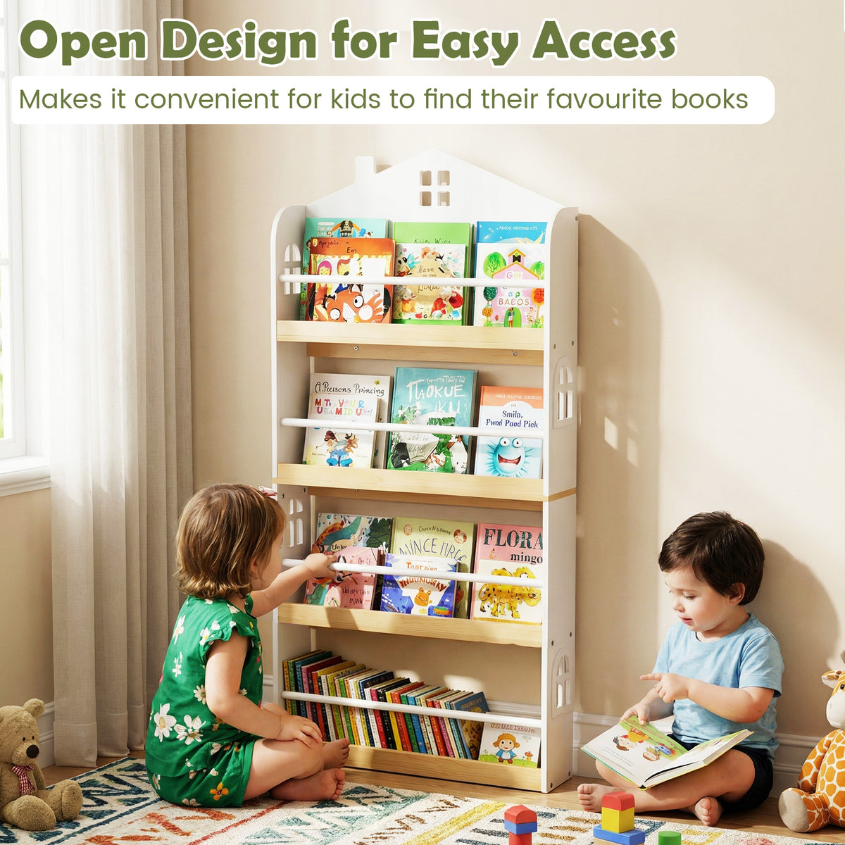 Kids House-Shaped Bookshelf with Anti-Falling Baffles - White Childrens Book Organizer