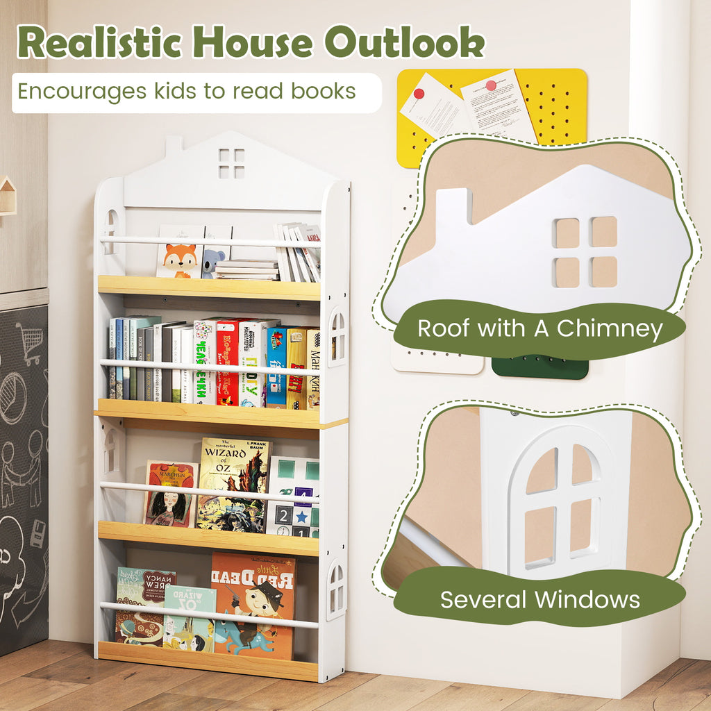 Kids House-Shaped Bookshelf with Anti-Falling Baffles - White Childrens Book Organizer