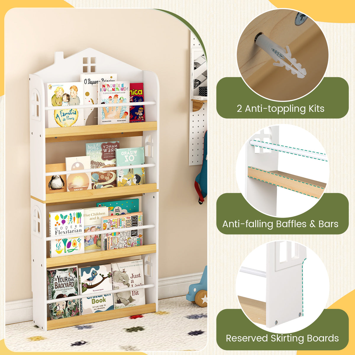 Kids House-Shaped Bookshelf with Anti-Falling Baffles - White Childrens Book Organizer