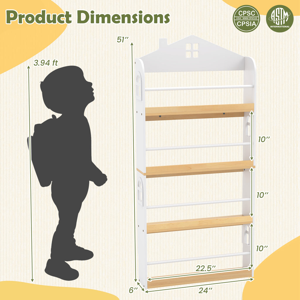 Kids House-Shaped Bookshelf with Anti-Falling Baffles - White Childrens Book Organizer