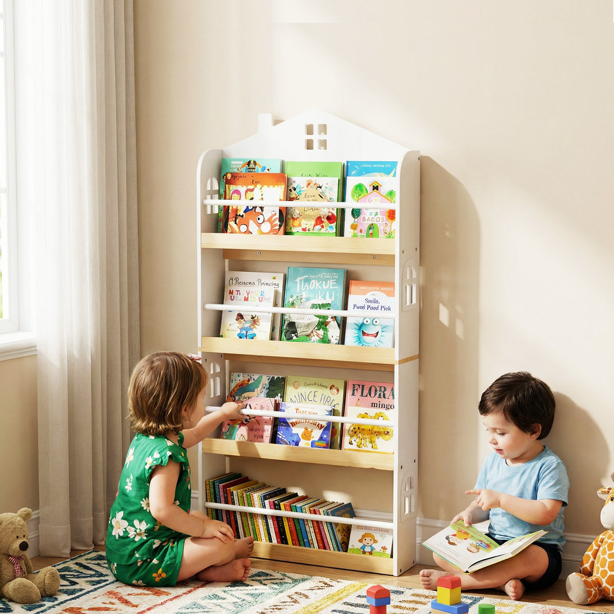 Kids House-Shaped Bookshelf with Anti-Falling Baffles - White Childrens Book Organizer