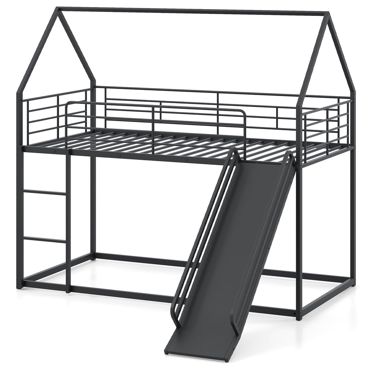 Twin Over Twin Low Bunk Bed with Slide - Black