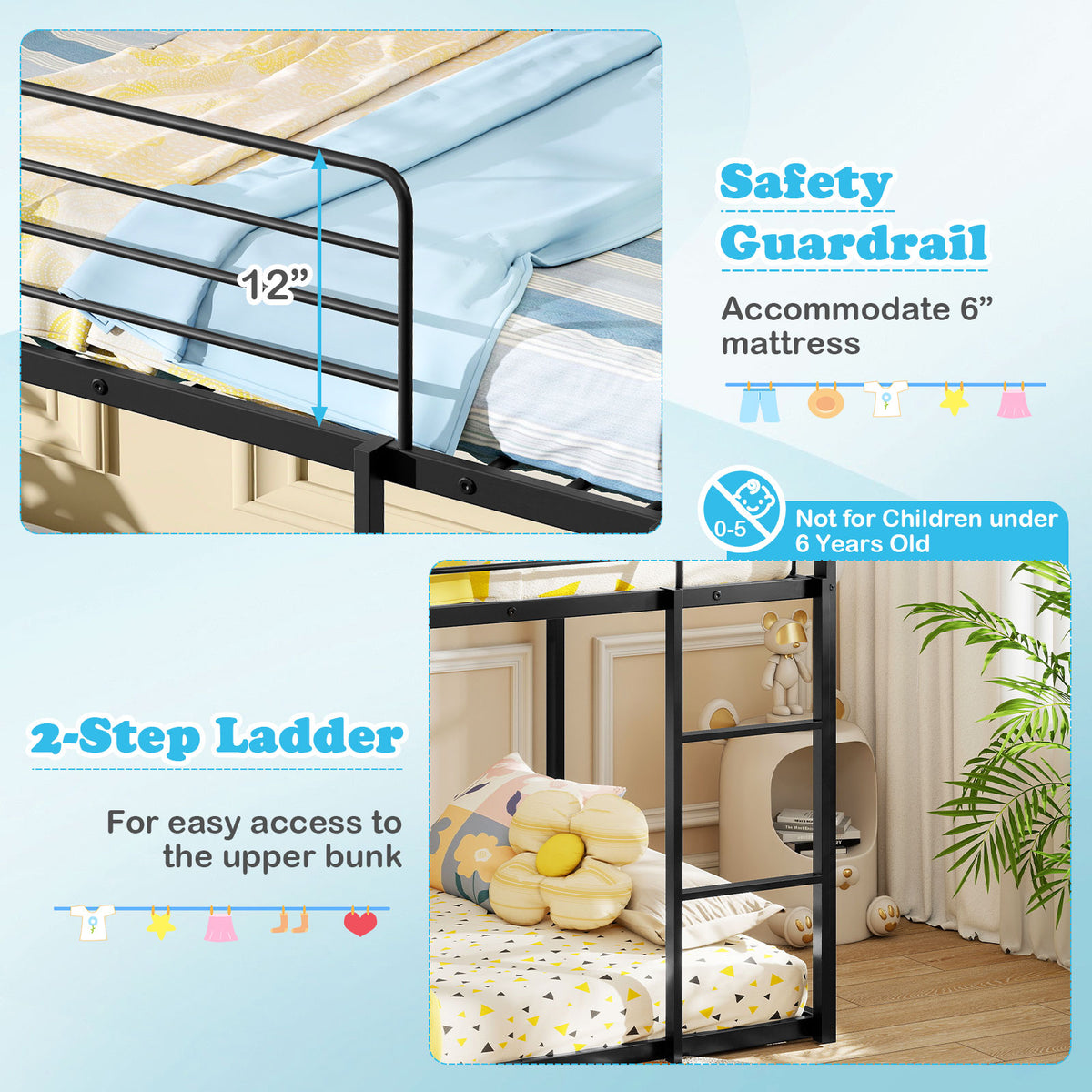 Twin Over Twin Low Bunk Bed with Slide - Black
