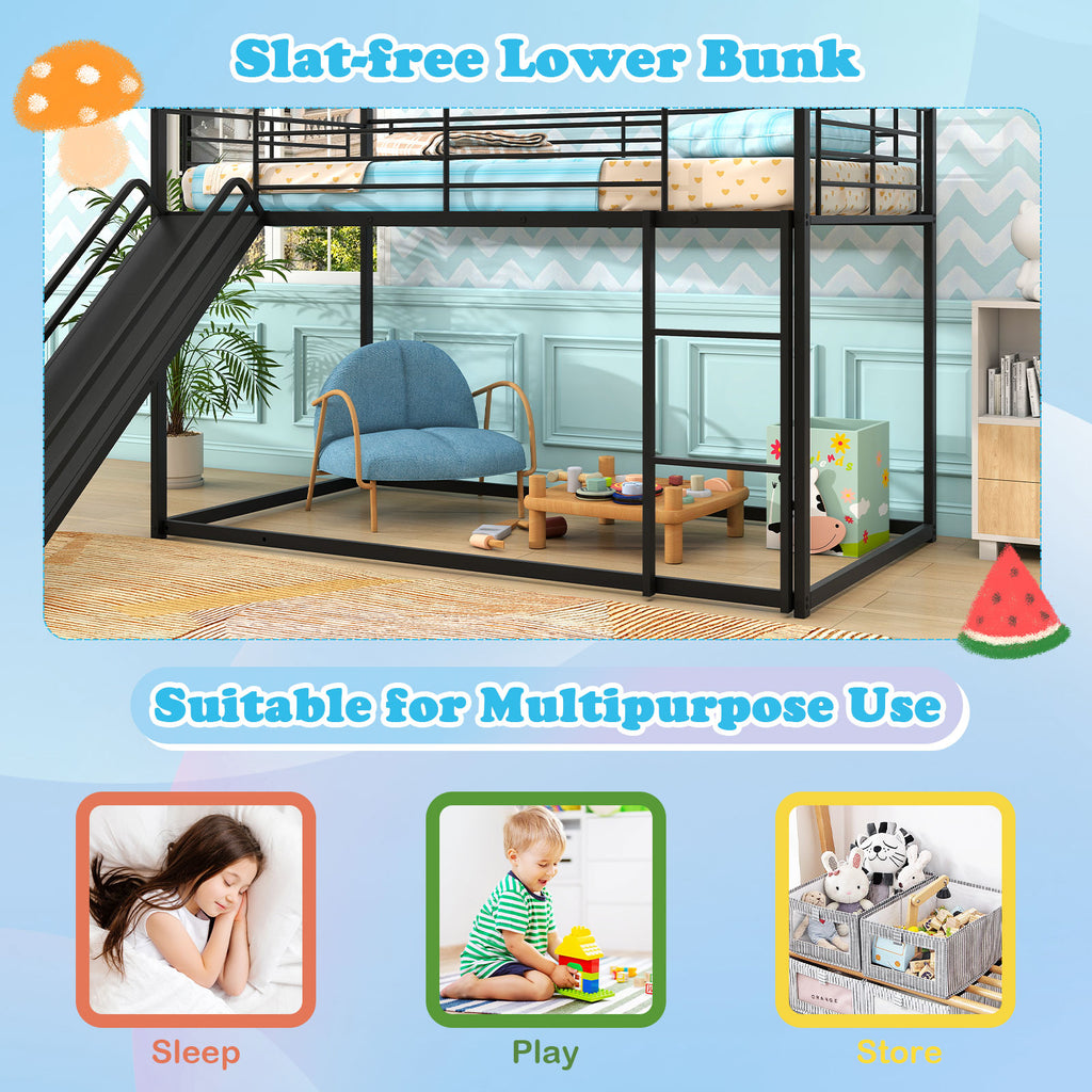 Twin Over Twin Low Bunk Bed with Slide - Black