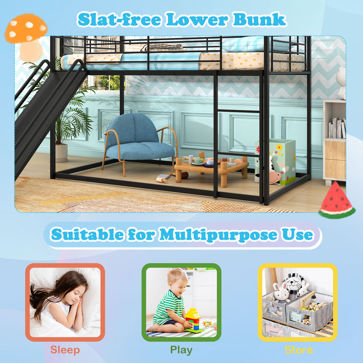 Twin Over Twin Low Bunk Bed with Slide - Black