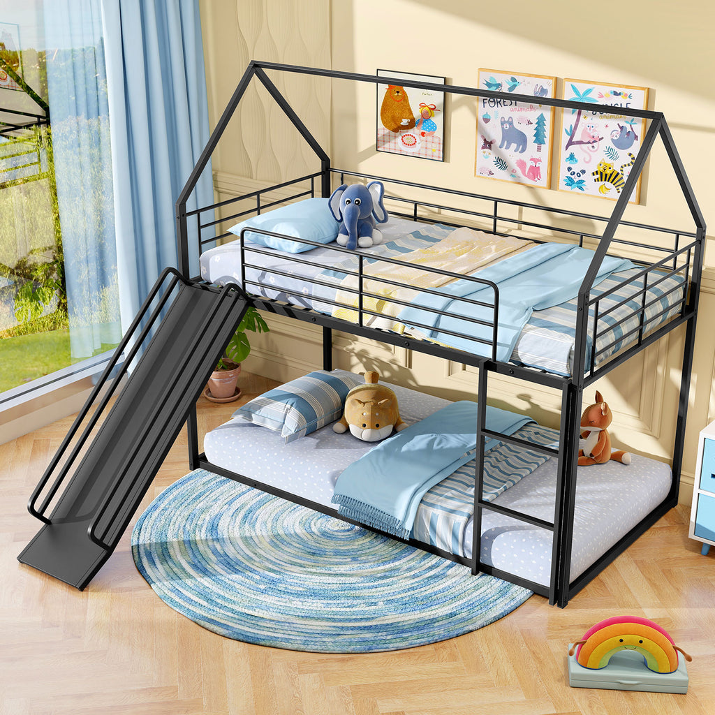 Twin Over Twin Low Bunk Bed with Slide - Black