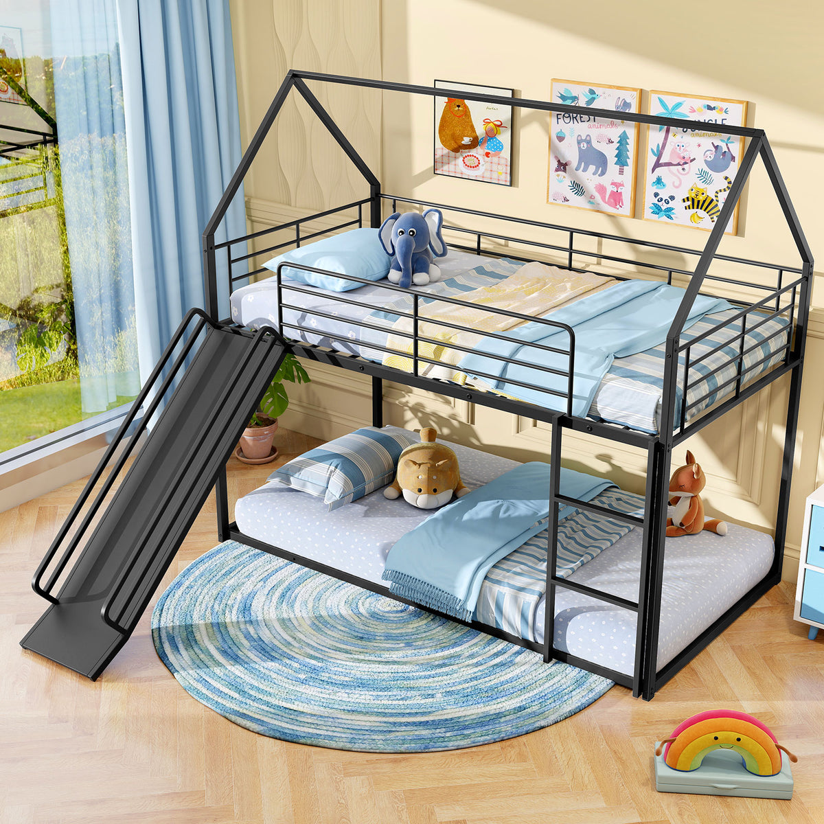 Twin Over Twin Low Bunk Bed with Slide - Black
