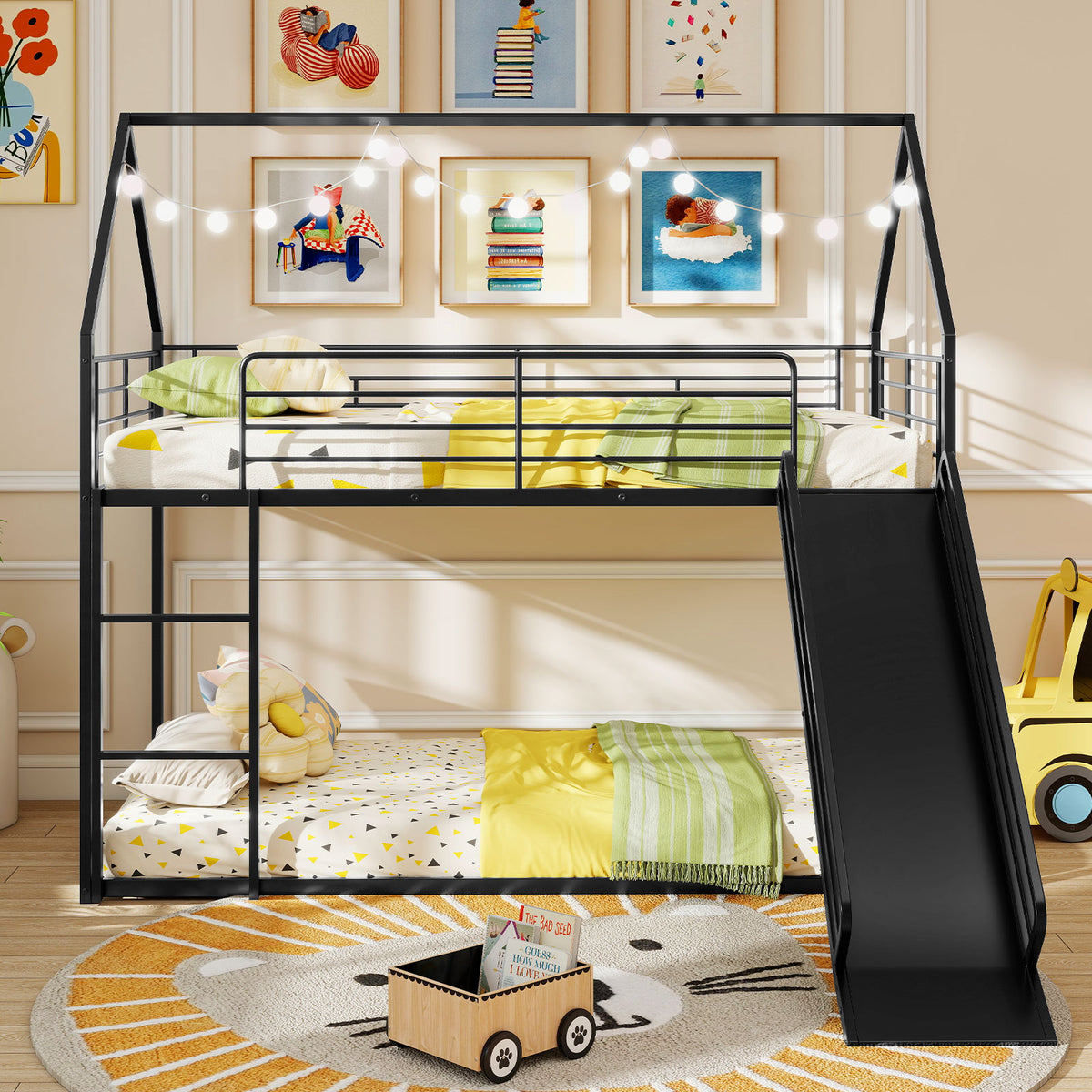 Twin Over Twin Low Bunk Bed with Slide - Black