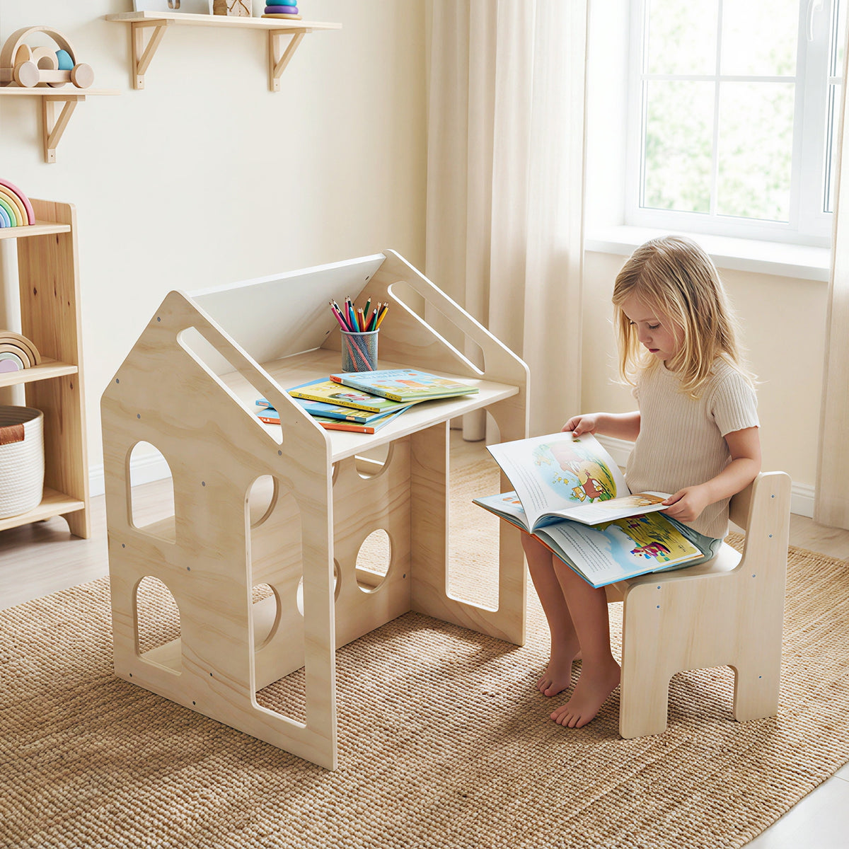 House-Shaped Wooden Kids Activity Table & Chair Set - Natural Variation