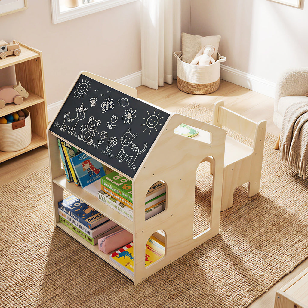 House-Shaped Wooden Kids Activity Table & Chair Set - Natural Variation