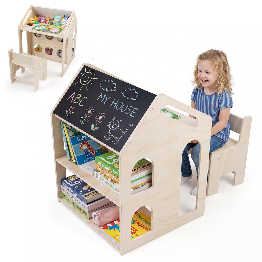 House-Shaped Wooden Kids Activity Table & Chair Set - Natural Variation