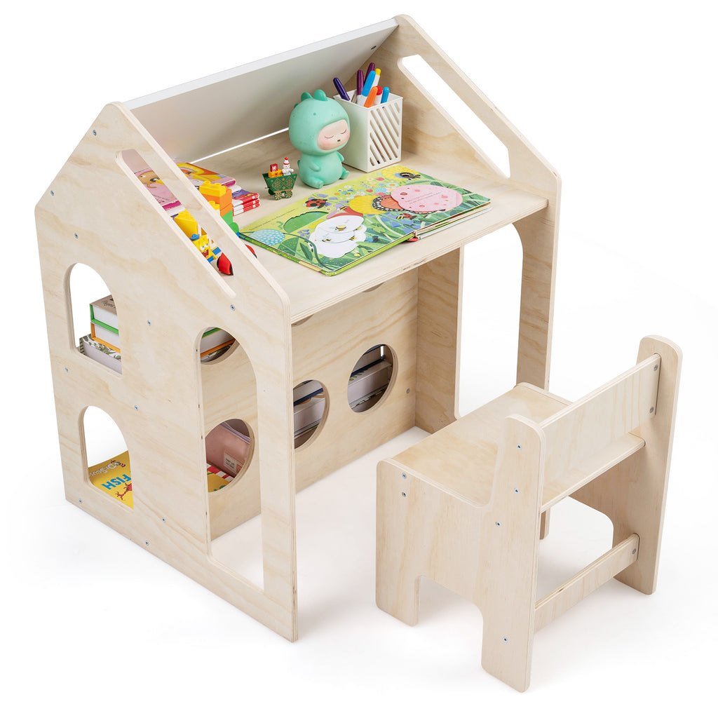 House-Shaped Wooden Kids Activity Table & Chair Set - Natural Variation