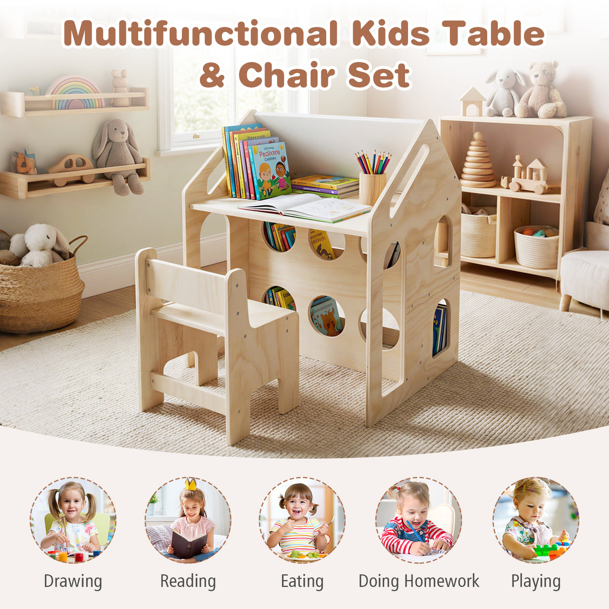 House-Shaped Wooden Kids Activity Table & Chair Set - Natural Variation