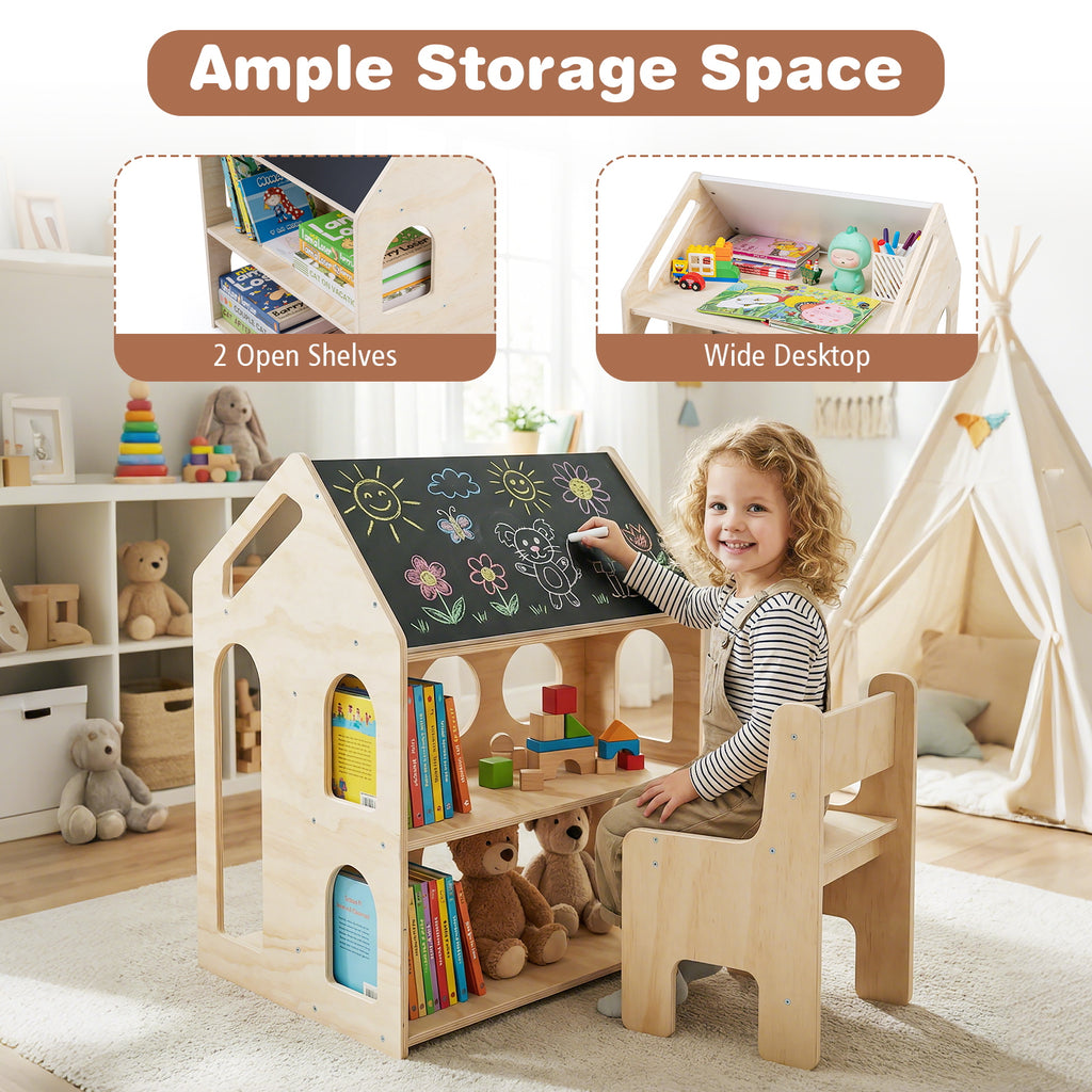 House-Shaped Wooden Kids Activity Table & Chair Set - Natural Variation