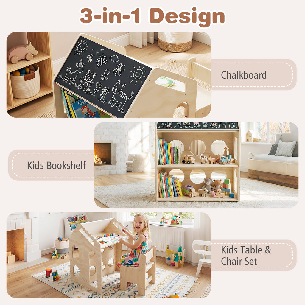 House-Shaped Wooden Kids Activity Table & Chair Set - Natural Variation