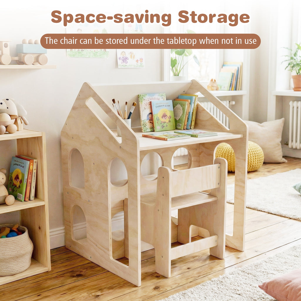 House-Shaped Wooden Kids Activity Table & Chair Set - Natural Variation