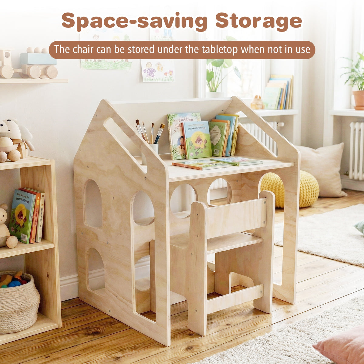 House-Shaped Wooden Kids Activity Table & Chair Set - Natural Variation