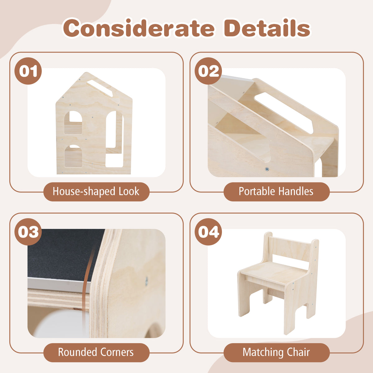 House-Shaped Wooden Kids Activity Table & Chair Set - Natural Variation