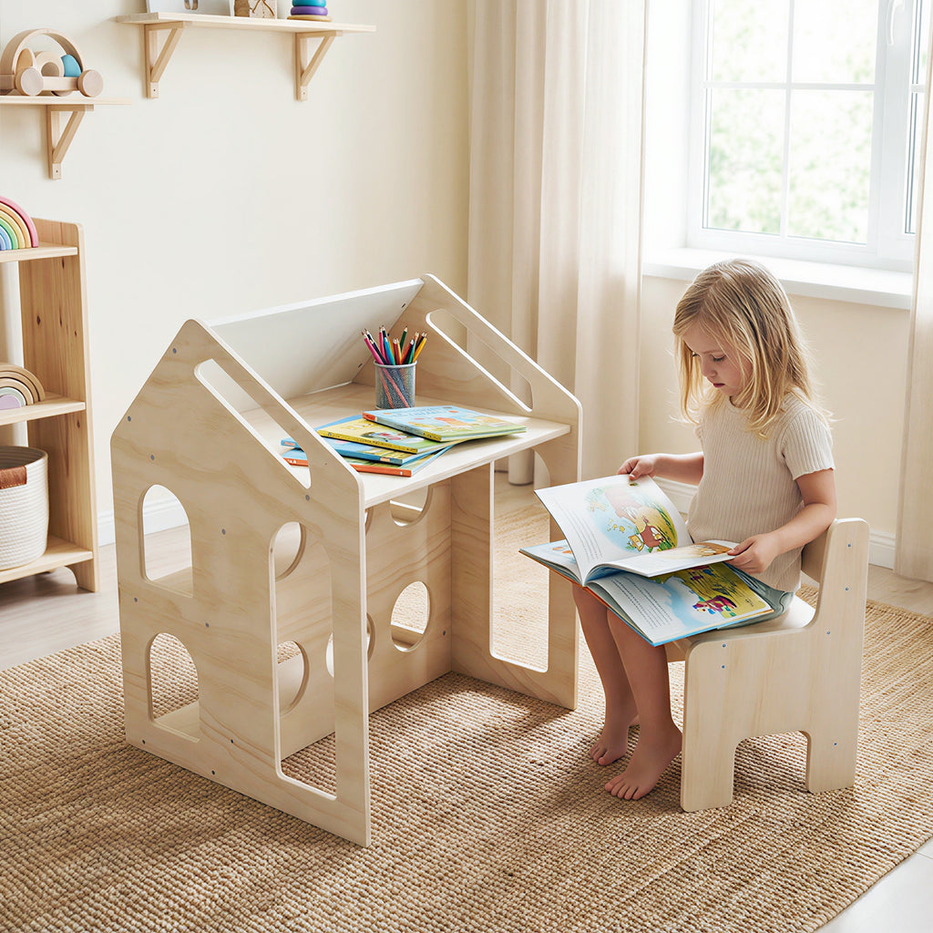 House-Shaped Wooden Kids Activity Table & Chair Set - Natural Variation