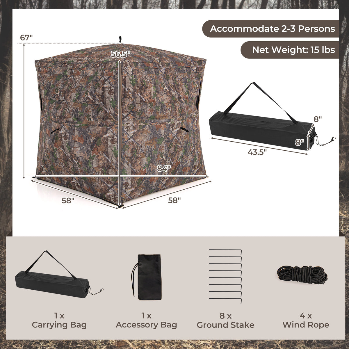 Hunting Blind 360 Degree One-Way See-Through Ground for 2-3 Person