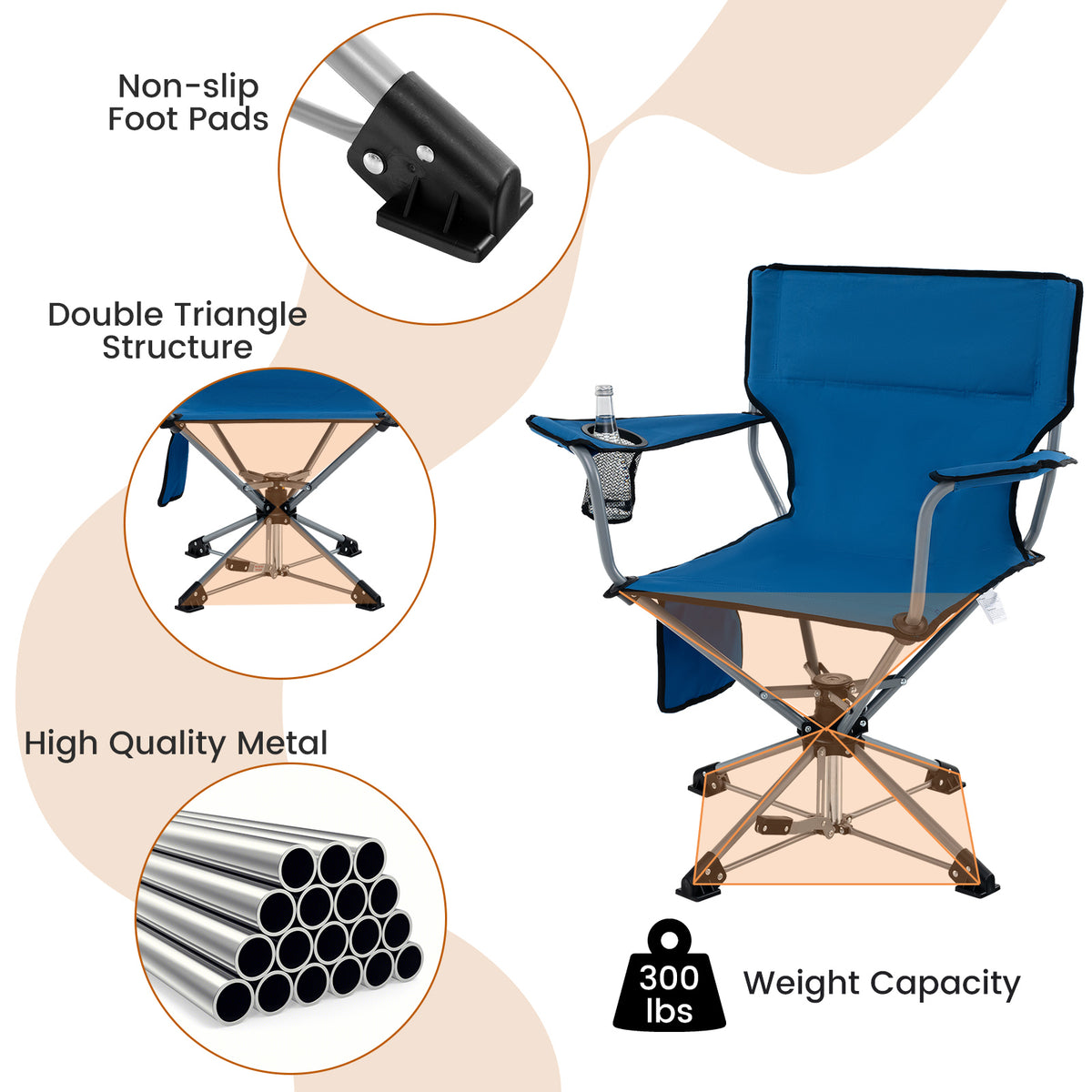 360° Swivel Hunting Chair Portable Foldable with Mesh Cup Holder and