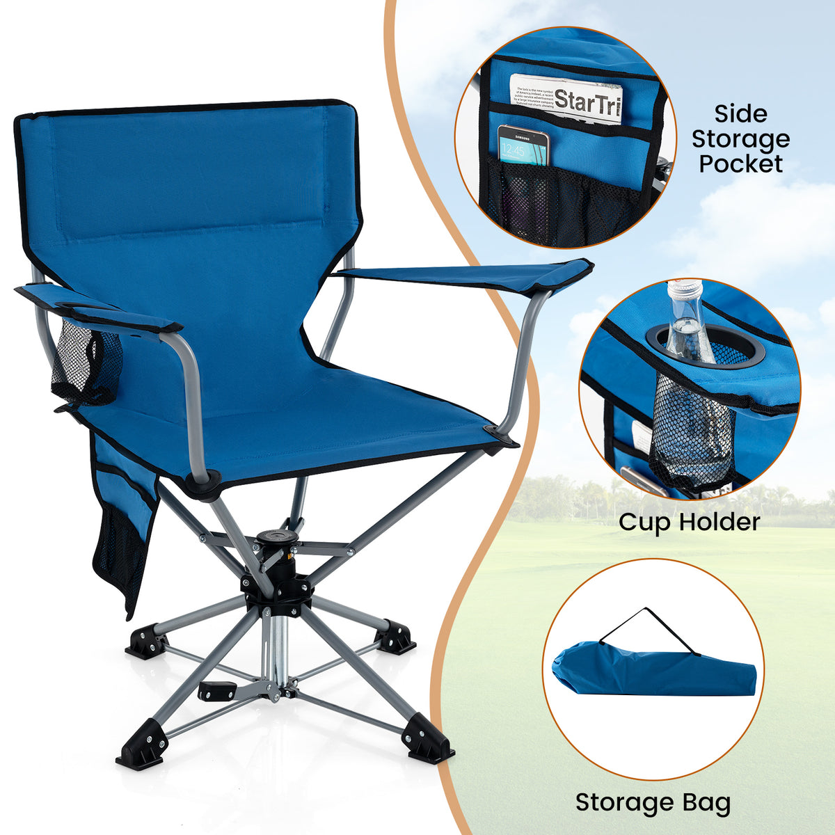 360° Swivel Hunting Chair Portable Foldable with Mesh Cup Holder and