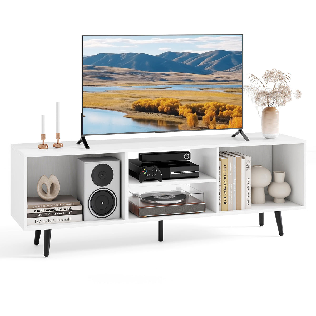TV Stand for 55-Inch TV with Storage Compartments, White
