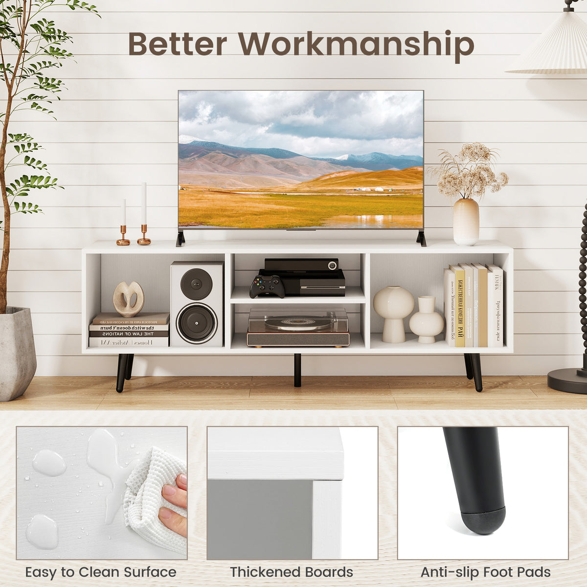TV Stand for 55-Inch TV with Storage Compartments, White