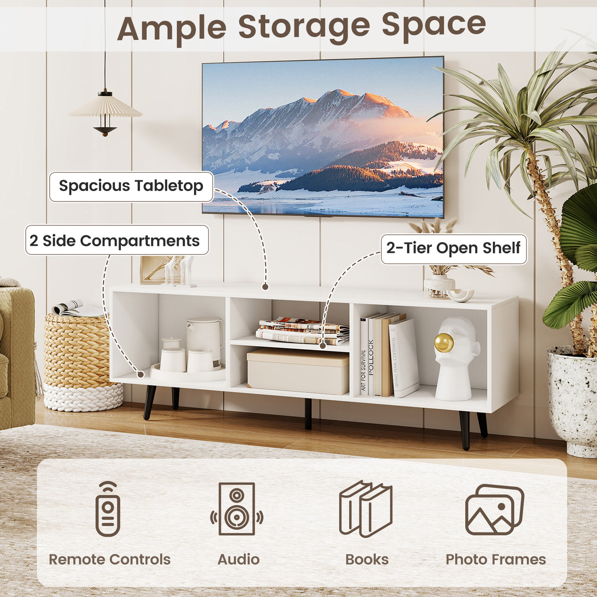 TV Stand for 55-Inch TV with Storage Compartments, White