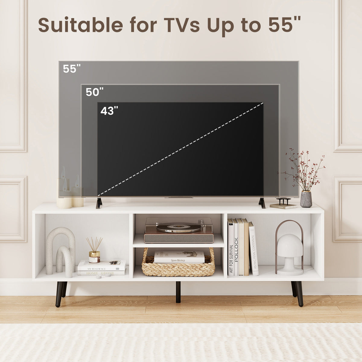 TV Stand for 55-Inch TV with Storage Compartments, White