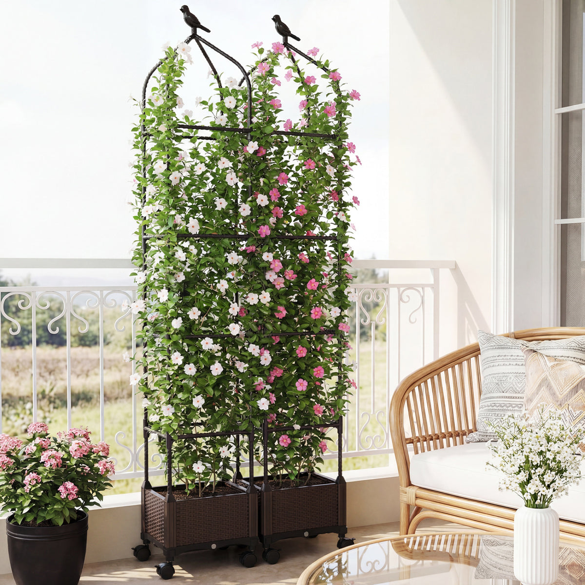 Raised Garden Bed Planter with Trellis & Wheels - Black