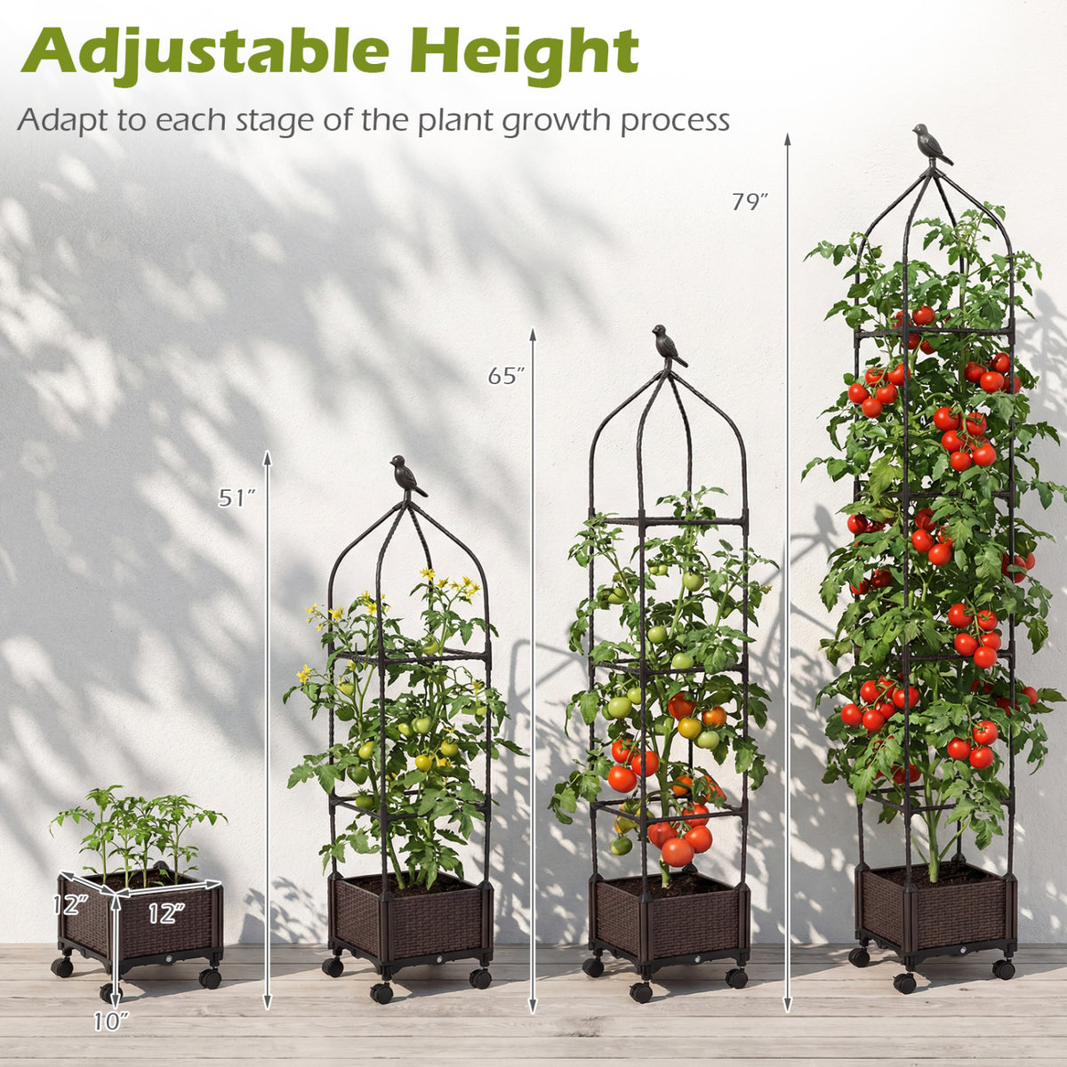 Raised Garden Bed Planter with Trellis & Wheels - Black