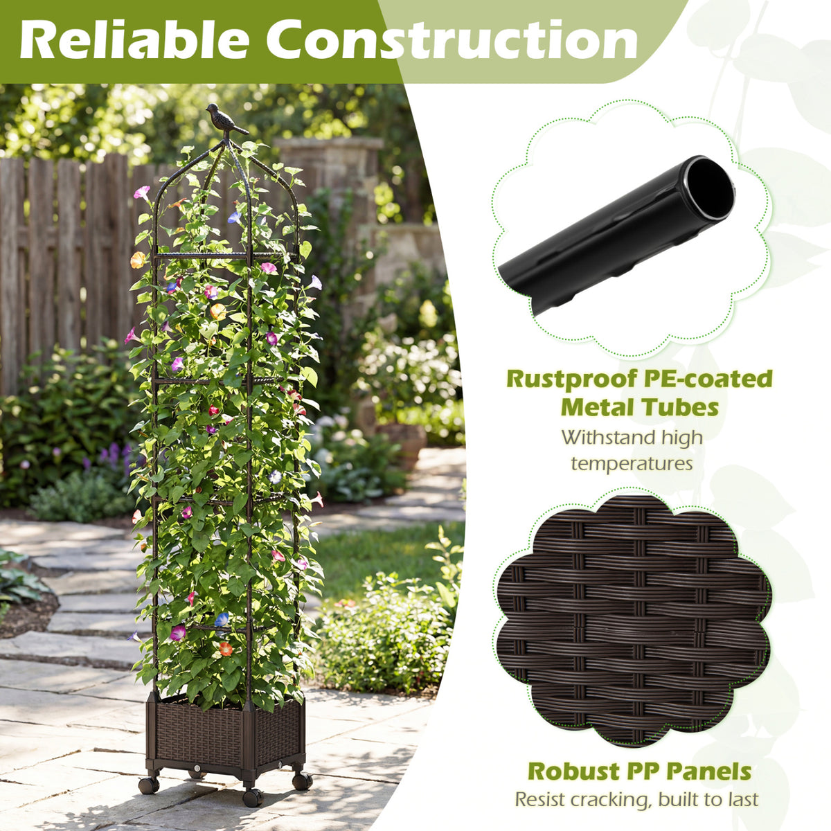 Raised Garden Bed Planter with Trellis & Wheels - Black
