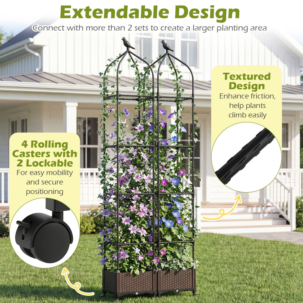 Raised Garden Bed Planter with Trellis & Wheels - Black