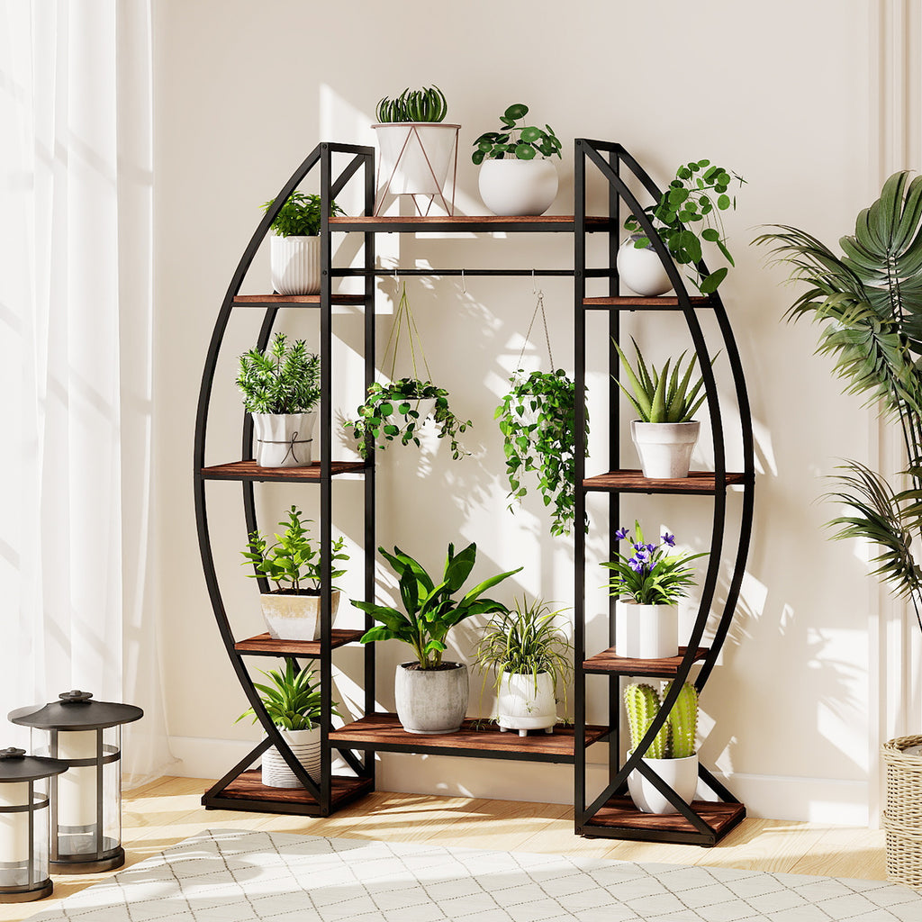 63" Tall 10-Tier Metal Plant Stand with Grow Lights - Brown